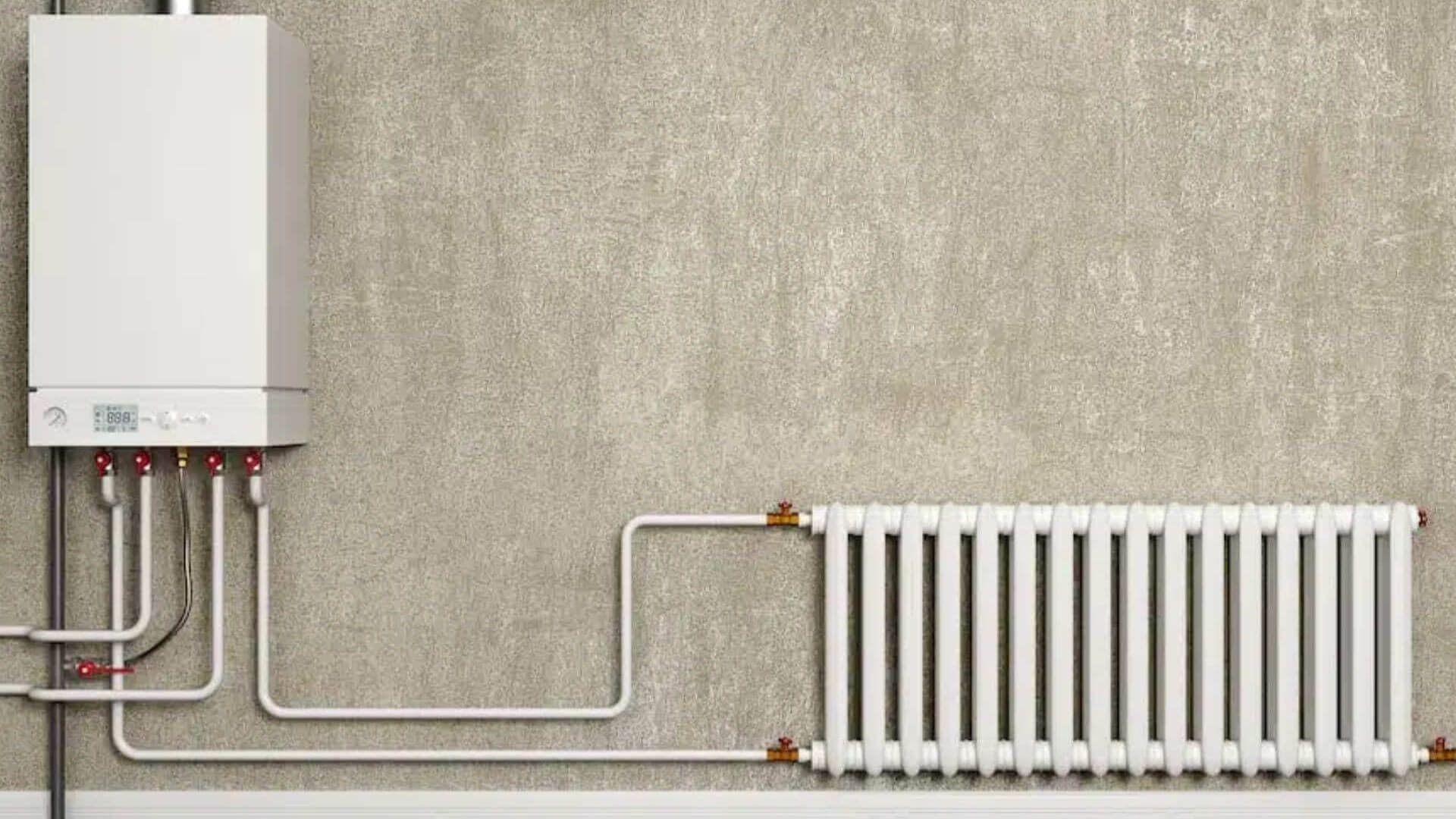 Wall-mounted boiler and radiator connected to closed-loop heating system in California commercial building
