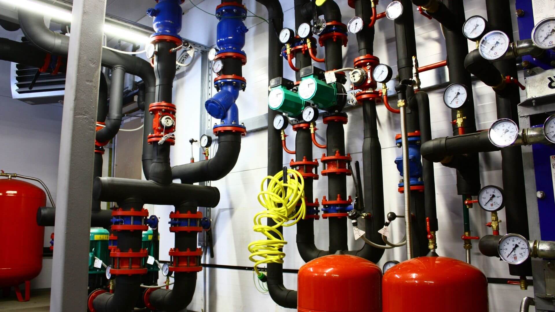 Industrial boiler room piping and pressure gauges supporting closed-loop heating systems in California facility