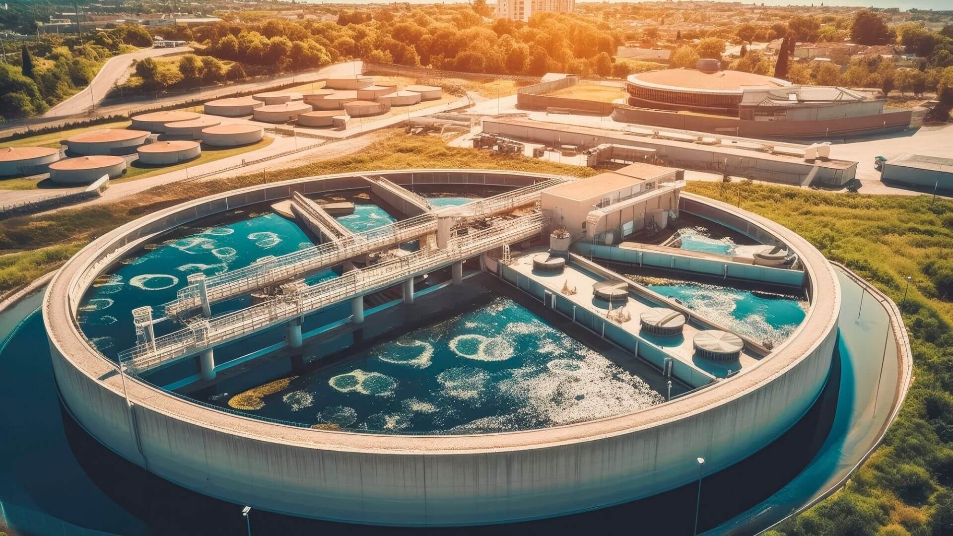 Wastewater treatment plant in California with circular clarifiers and aeration basins for municipal water management